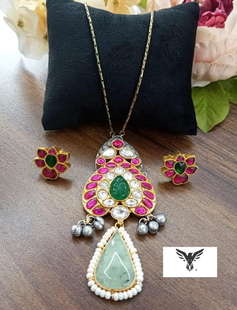 Paachi kundan pendent With mint drop silver look alike for women
