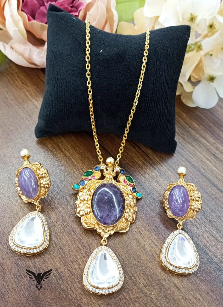 Shravya pendent set With earrings in Amethist Silver look alike for women