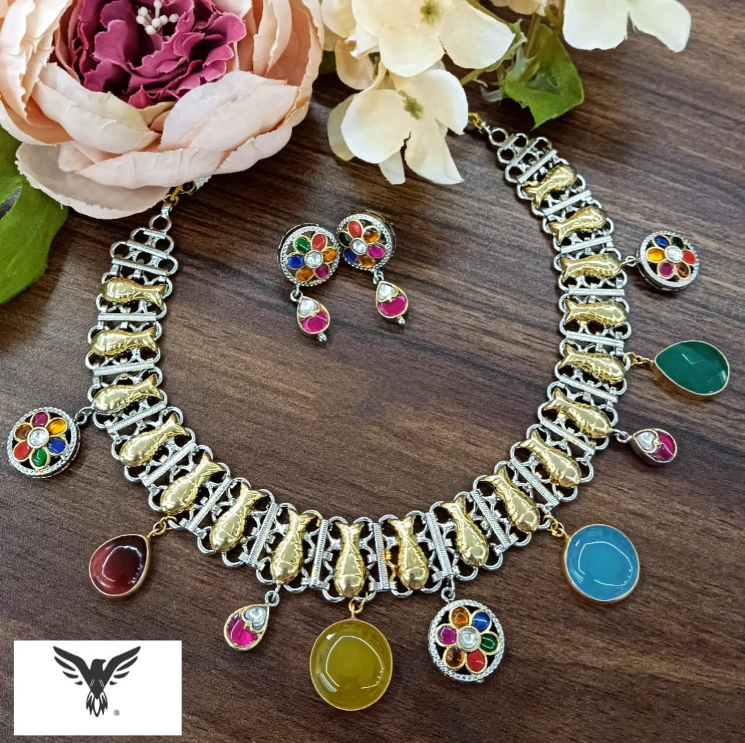 Ruhi necklace With round pendent silver look alike with colourful stones for women