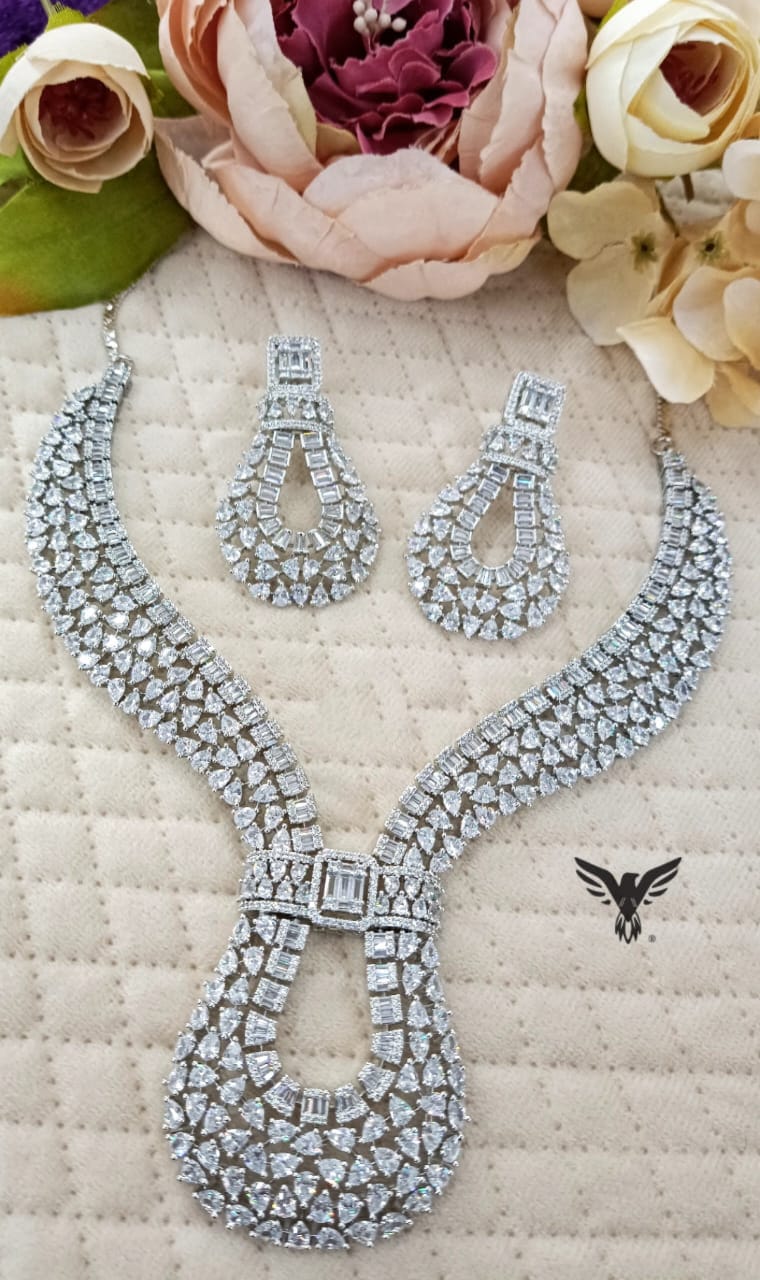 Jiyana American Diamond Necklace Set in Silver For Women