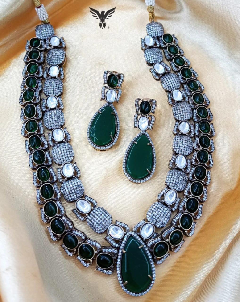 Aarna double layered necklace with earrings in Emerald green for women
