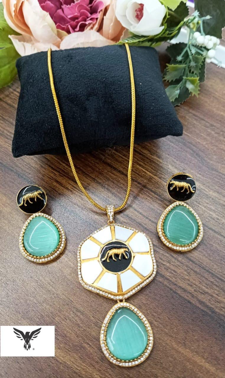 Sameera sabya mosanite kundan pendent with chain in mint for women