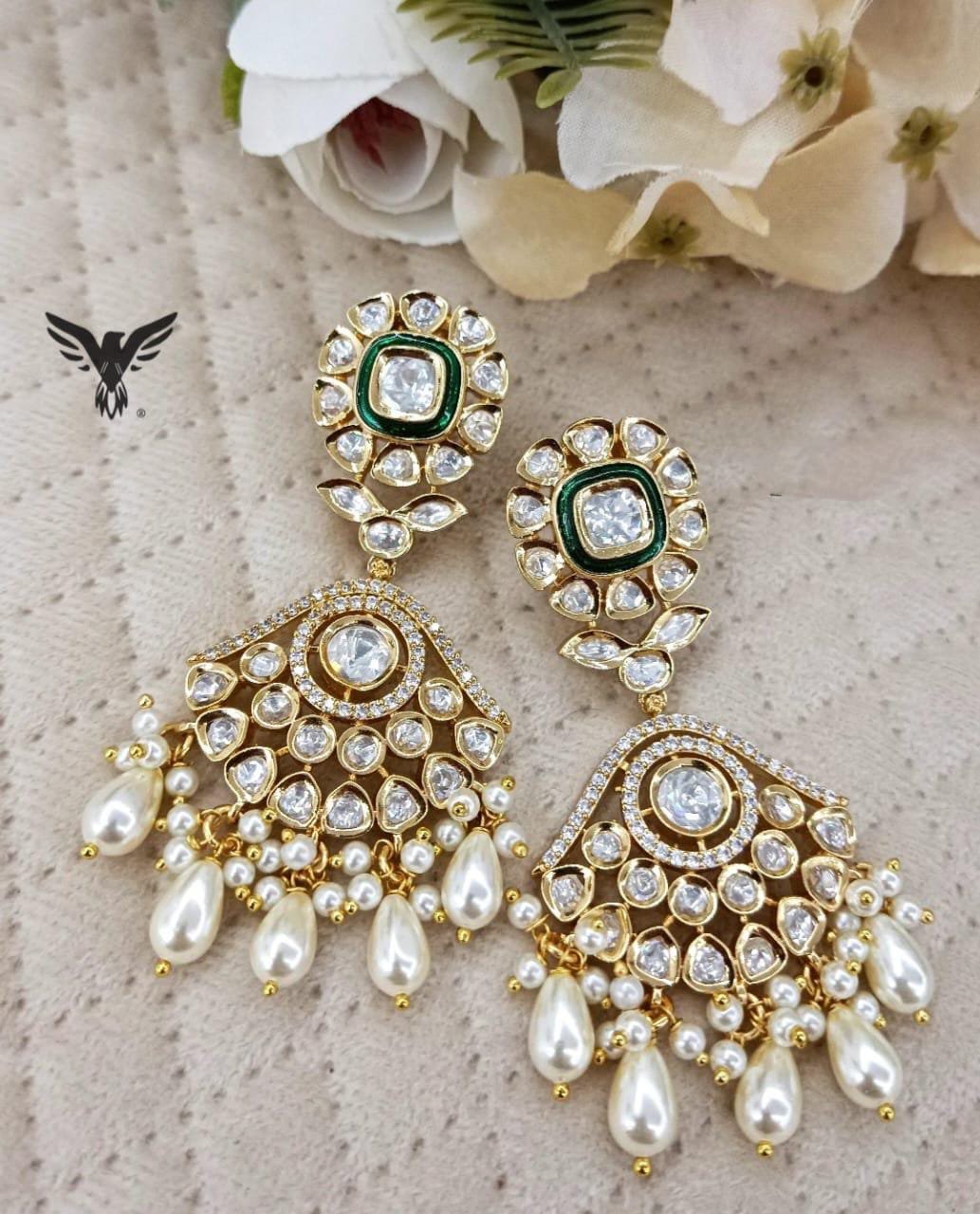 Xiti Gold plated Kundan Earings with Pearl drop in emerald For Women