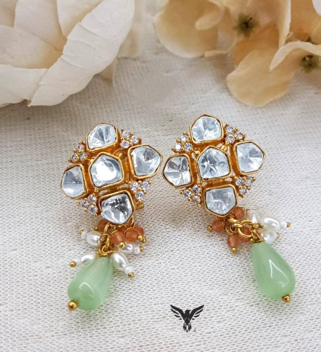 Ira Mosanite Kundan Studs with Mint drop For Women