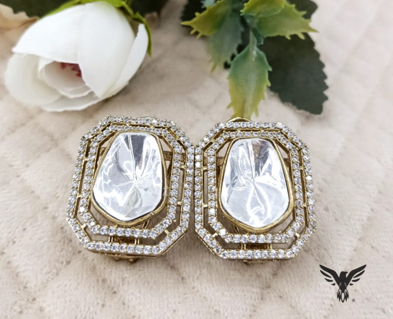 Square with side cz kundan Mozanite polki studs