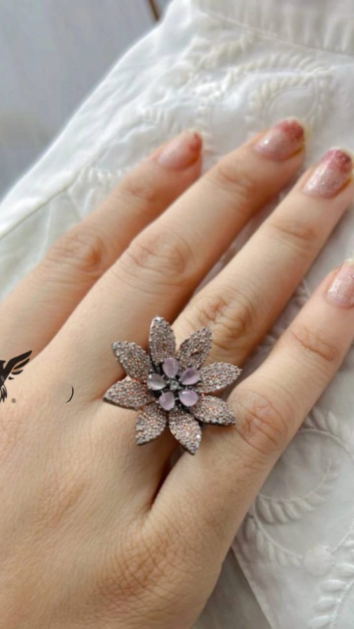 Momina Floral Diamond Ring In Pink For Women