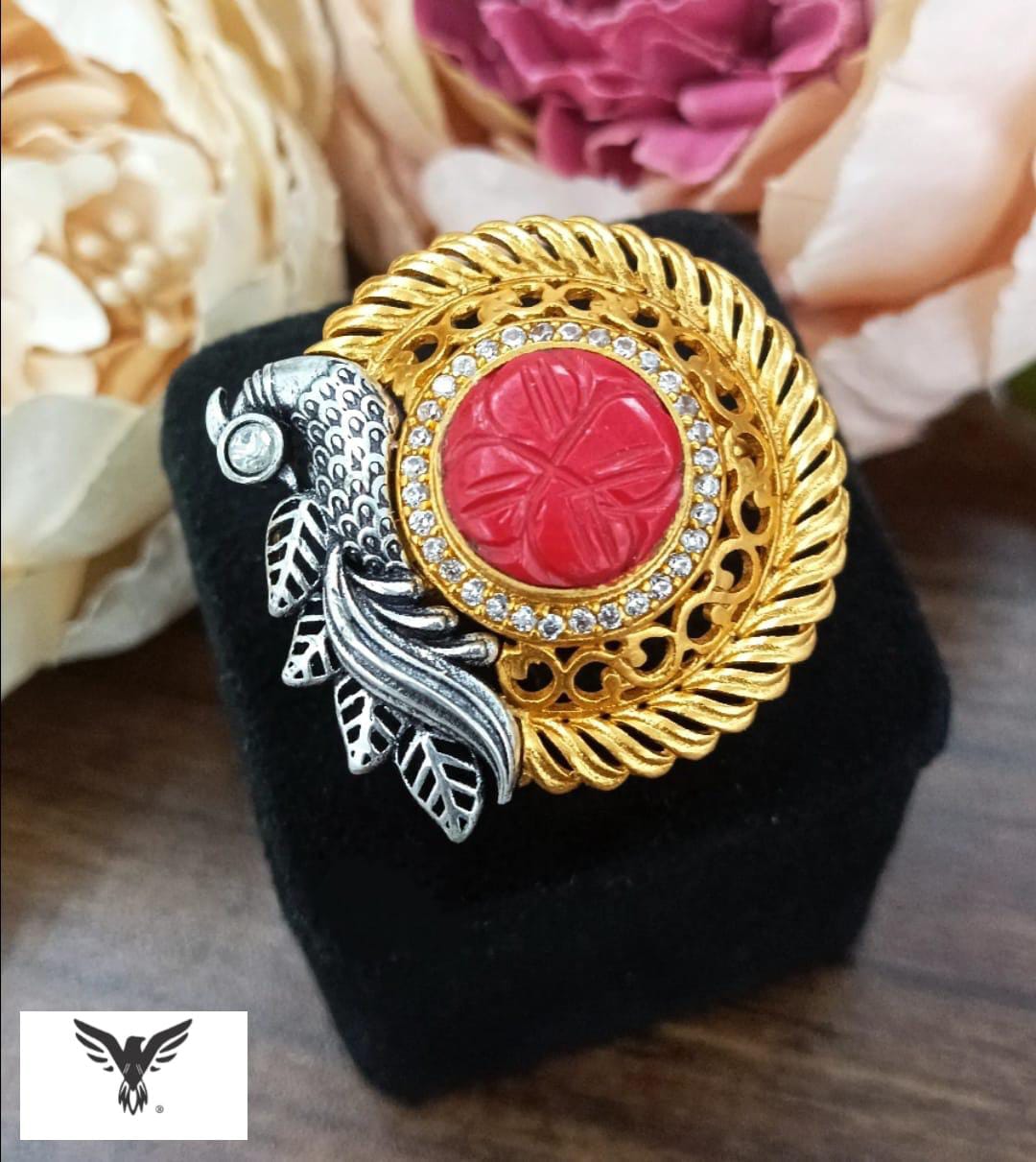 Oxidised peacock Ring with carved stone in Ruby for women in amarpali