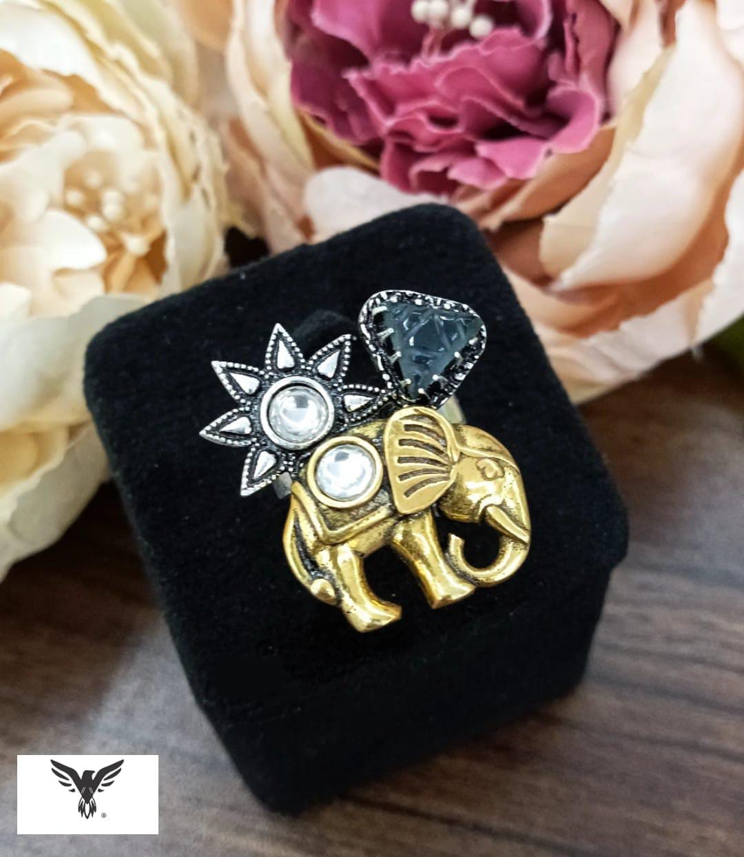 Elelphant Dual tone Ring with carved stone in Blue for women in amarpali