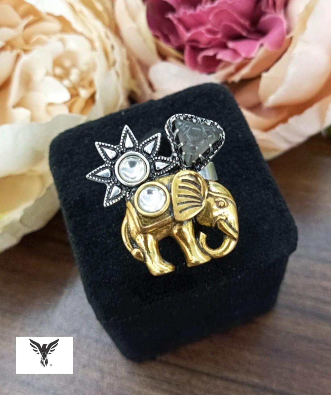 Elelphant Dual tone Ring with carved stone in Black for women in amarpali