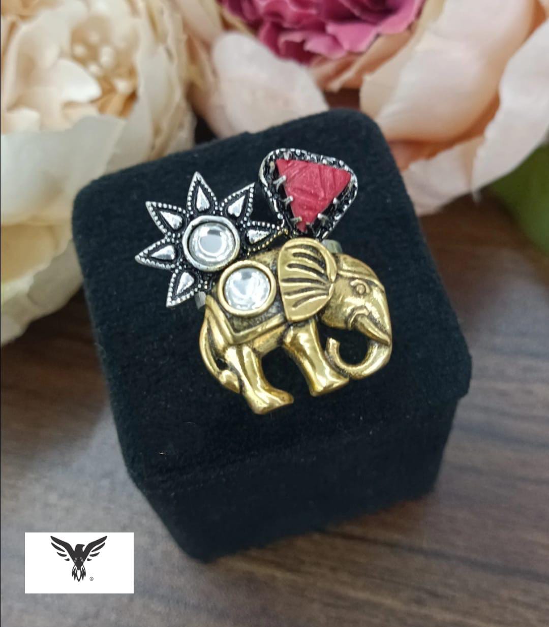 Elelphant Dual tone Ring with carved stone in Ruby for women in amarpali