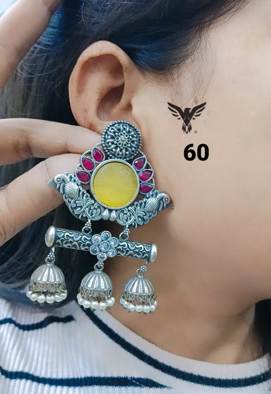 Amber Silver Look Alike Earings In Yellow Carved Stone For Women