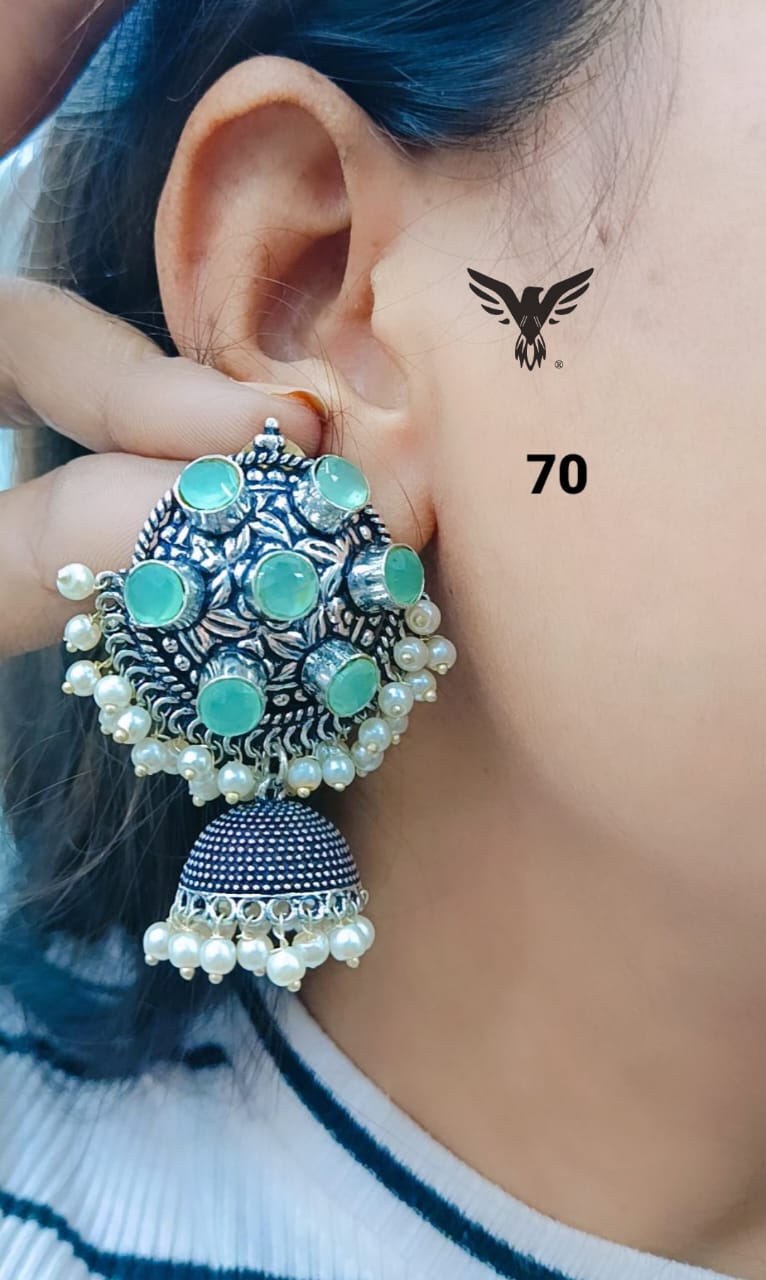 Simar Silver Look Alike Jhumki Earings In Mint Kundan For Women