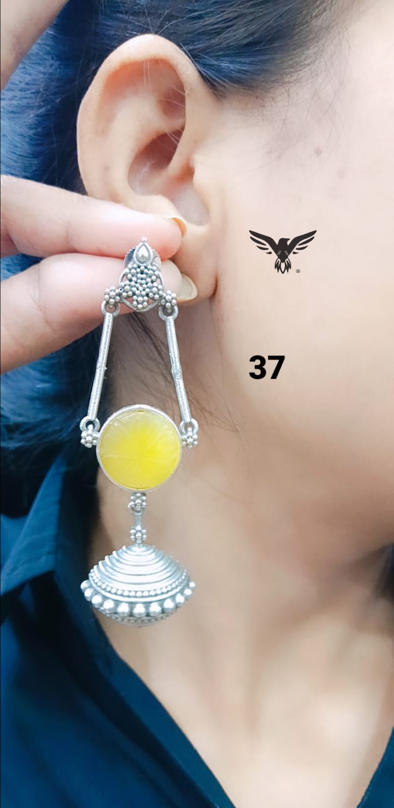 Shivjot Silver Look Alike Carved Stone Earings In Yellow For Women