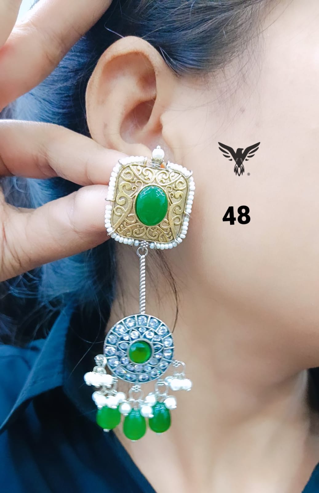 Imara Emerald Green Silver Look Alike Long Dangle Earrings With Drops