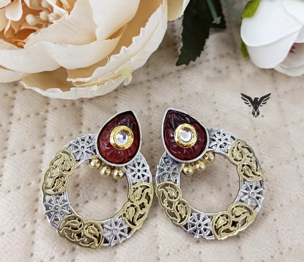 Round silver look alike Dual tone earrings in ruby for women