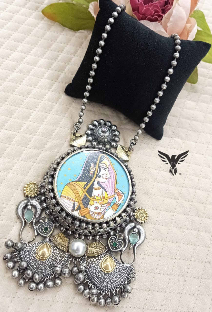 Prisha Handpainted long silver look alike Necklace in for women