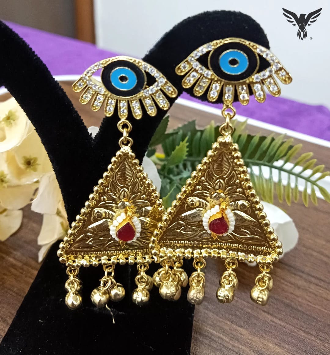 Evil Eye silver look alike in Golden Tone earrings in Ruby for women