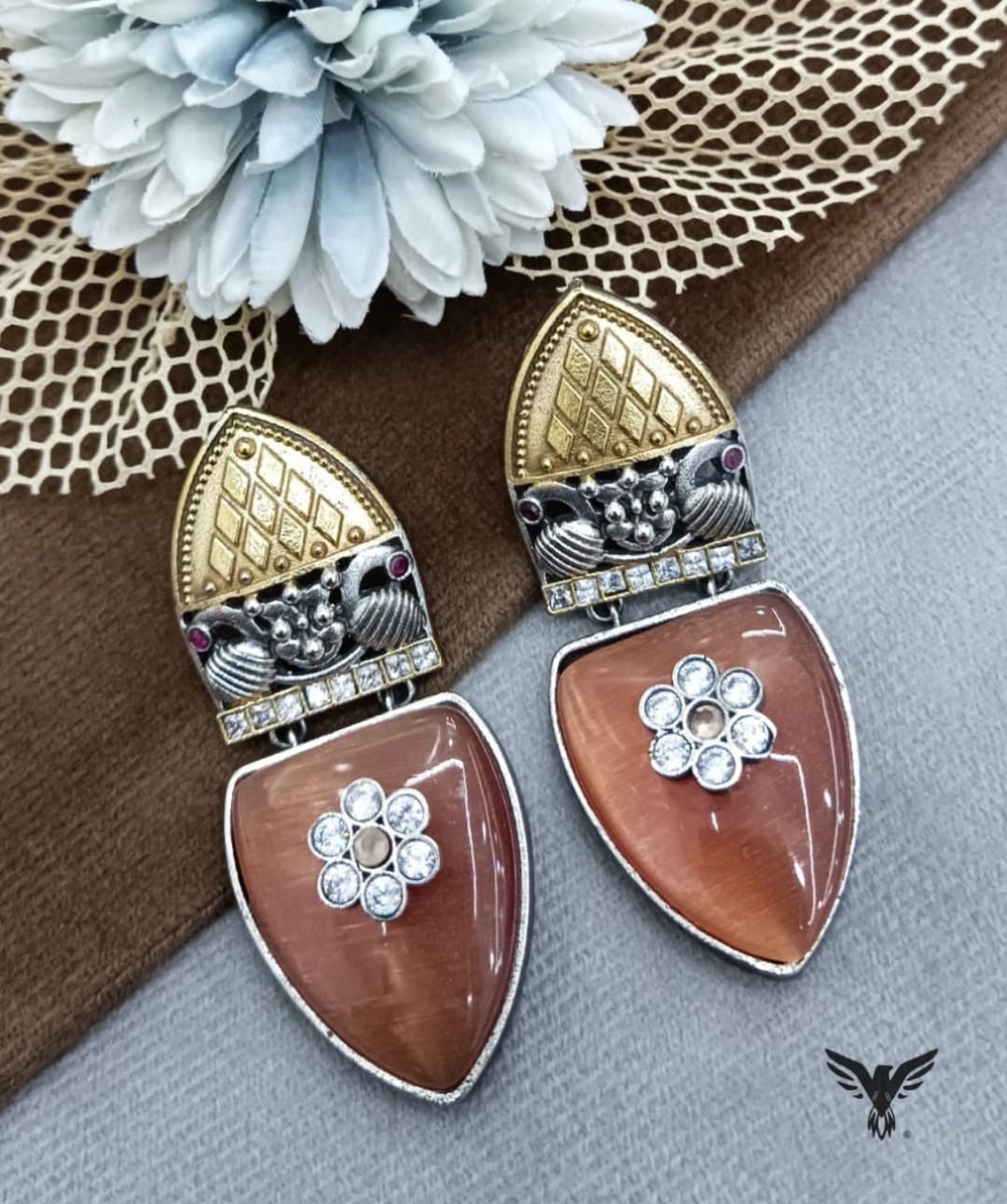 Omya Dual tone Silver look alike earring in Orange For Women