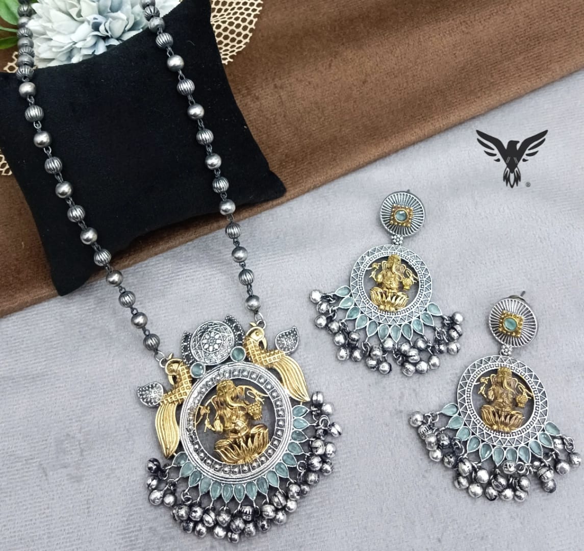 Ganesha ji long Dual Tone silver look alike in Mint necklace with earrings