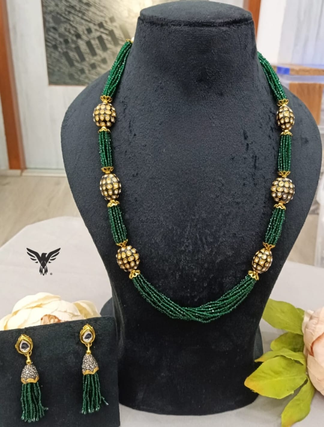 Jaipuri kundan beads mala in Green for women