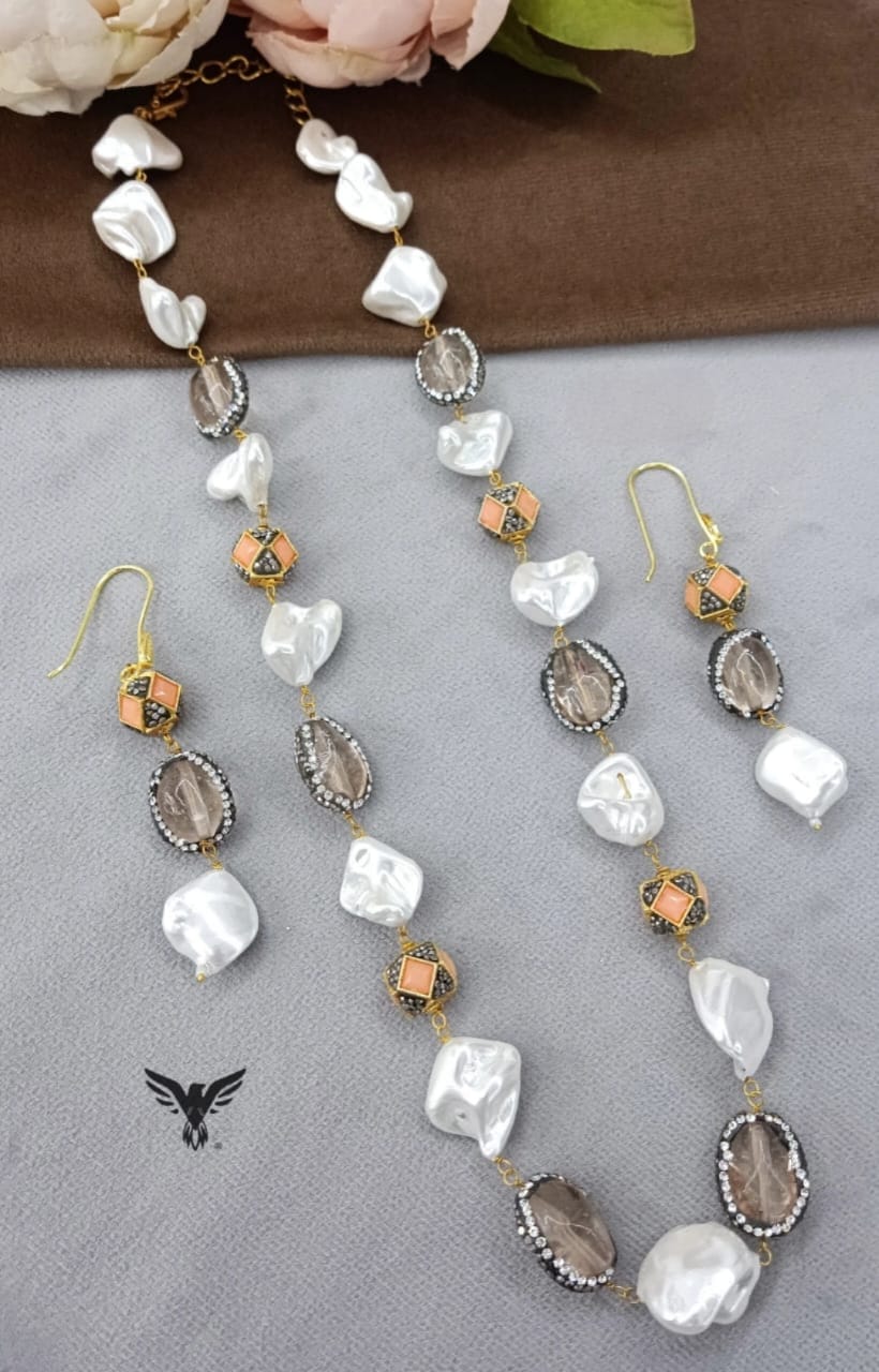 Womens white pearl and Peach stone mala for women