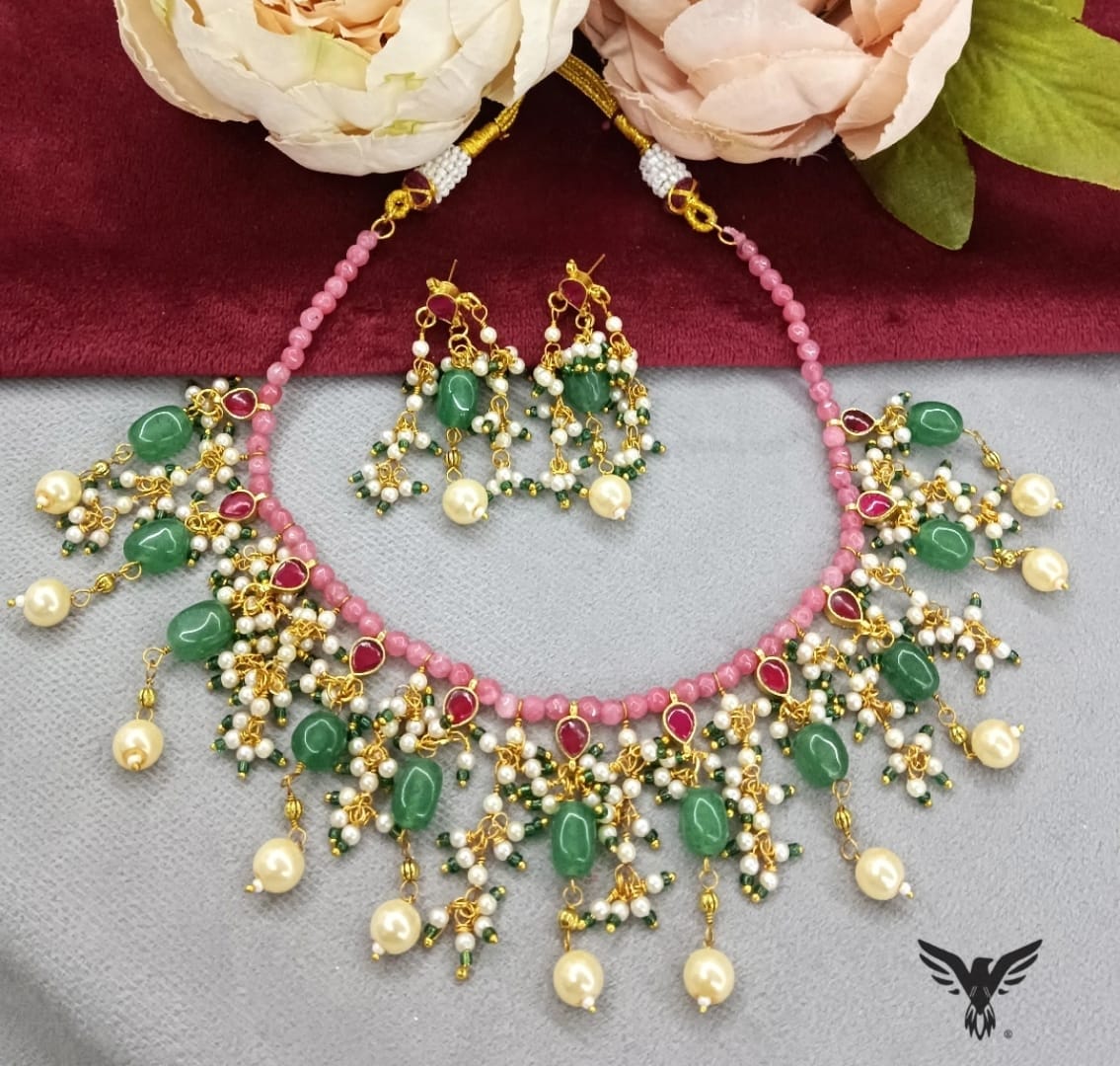 Vaani Paachi necklace with Earrings In Ruby with mint beads For Women