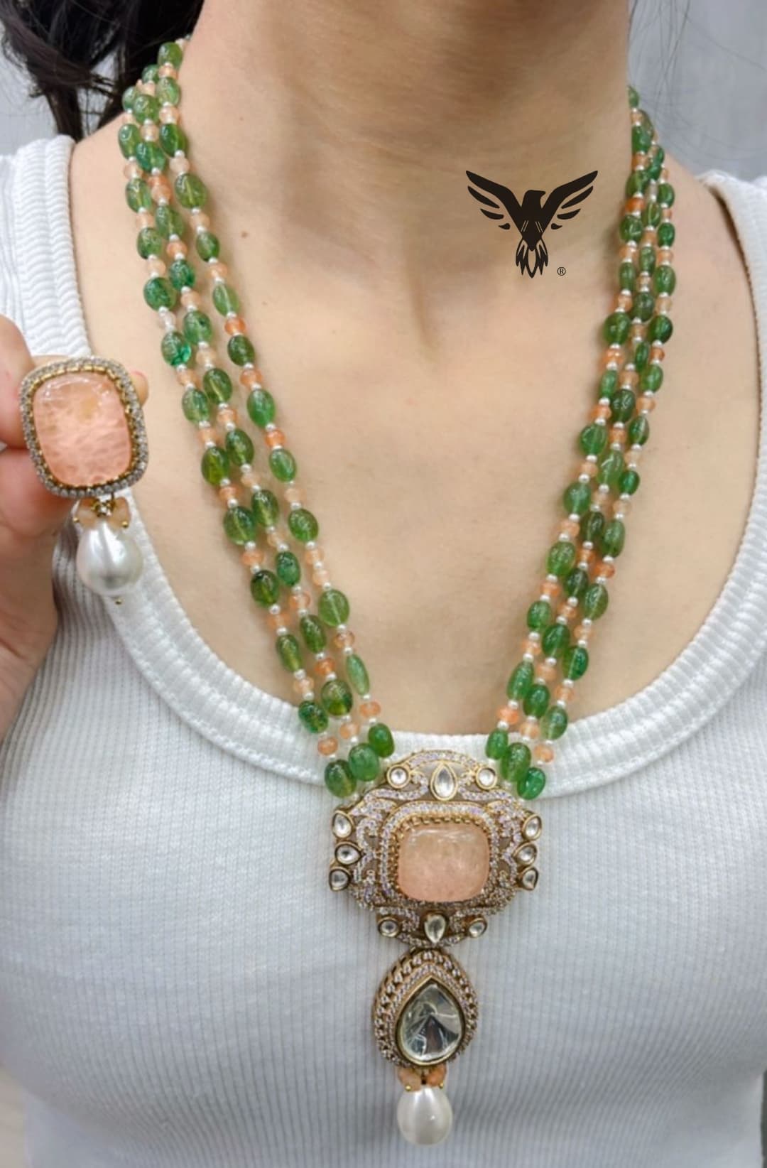 Zyrah mosanite long necklace doublet stone with monalisa beads in multi for womens