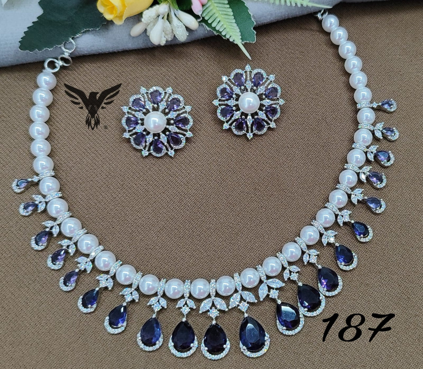 Elena american diamond with pearls necklace in Amethist for women