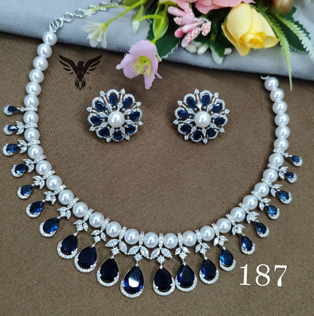 Elena american diamond with pearls necklace in Blue for women