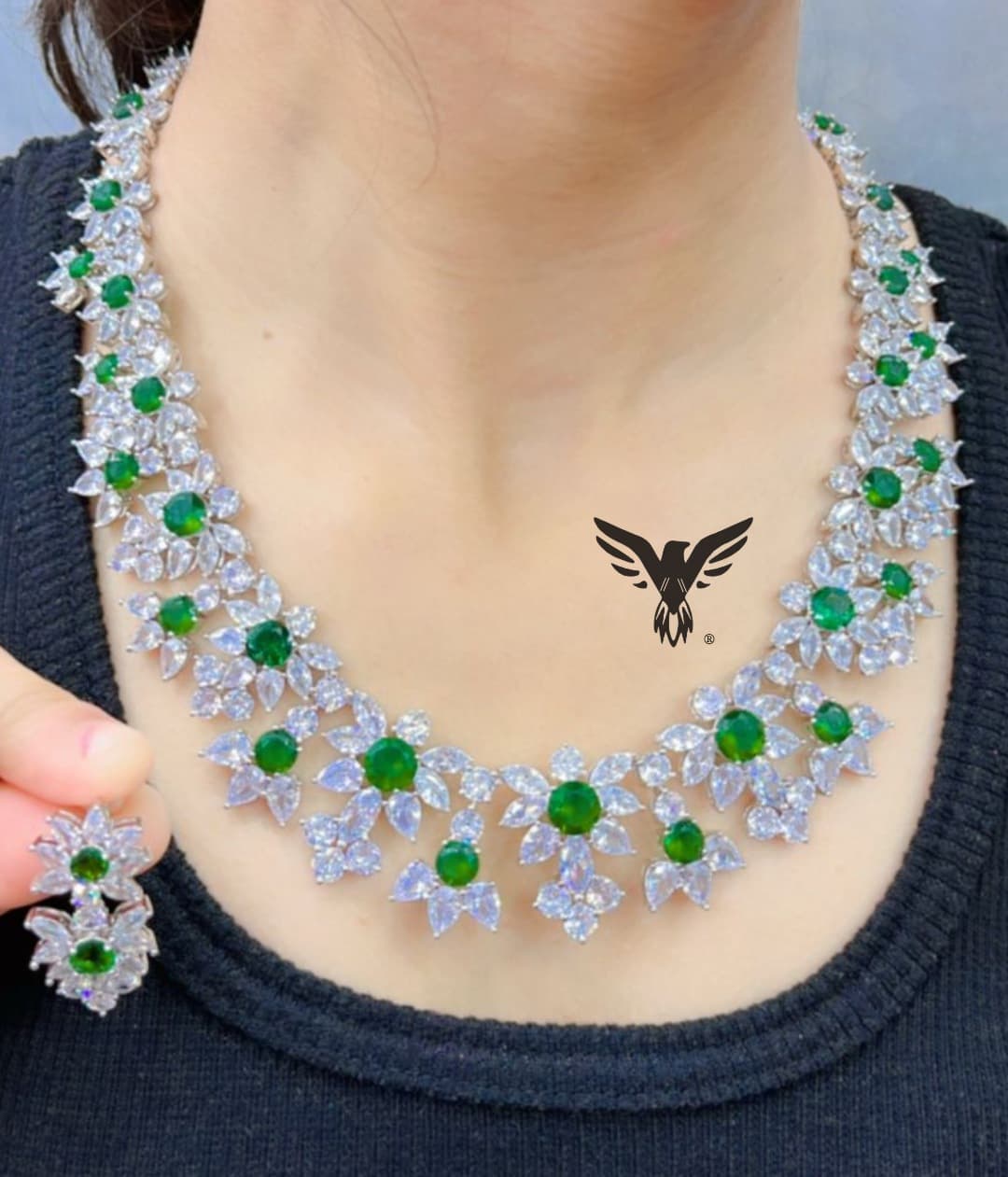 Hazel american diamond necklace in green swaroski stones for women