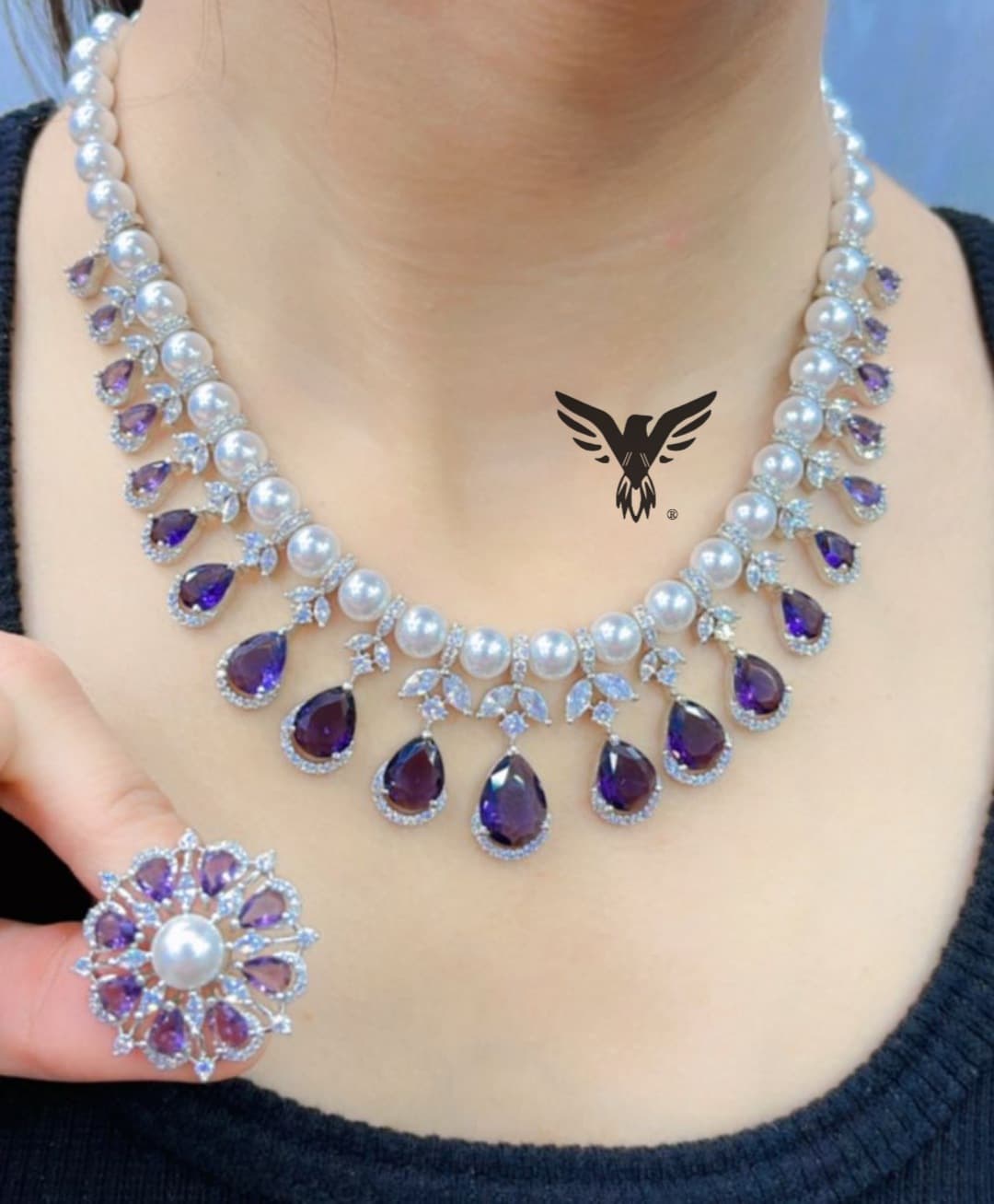 Elena american diamond with pearls necklace in Amethist for women