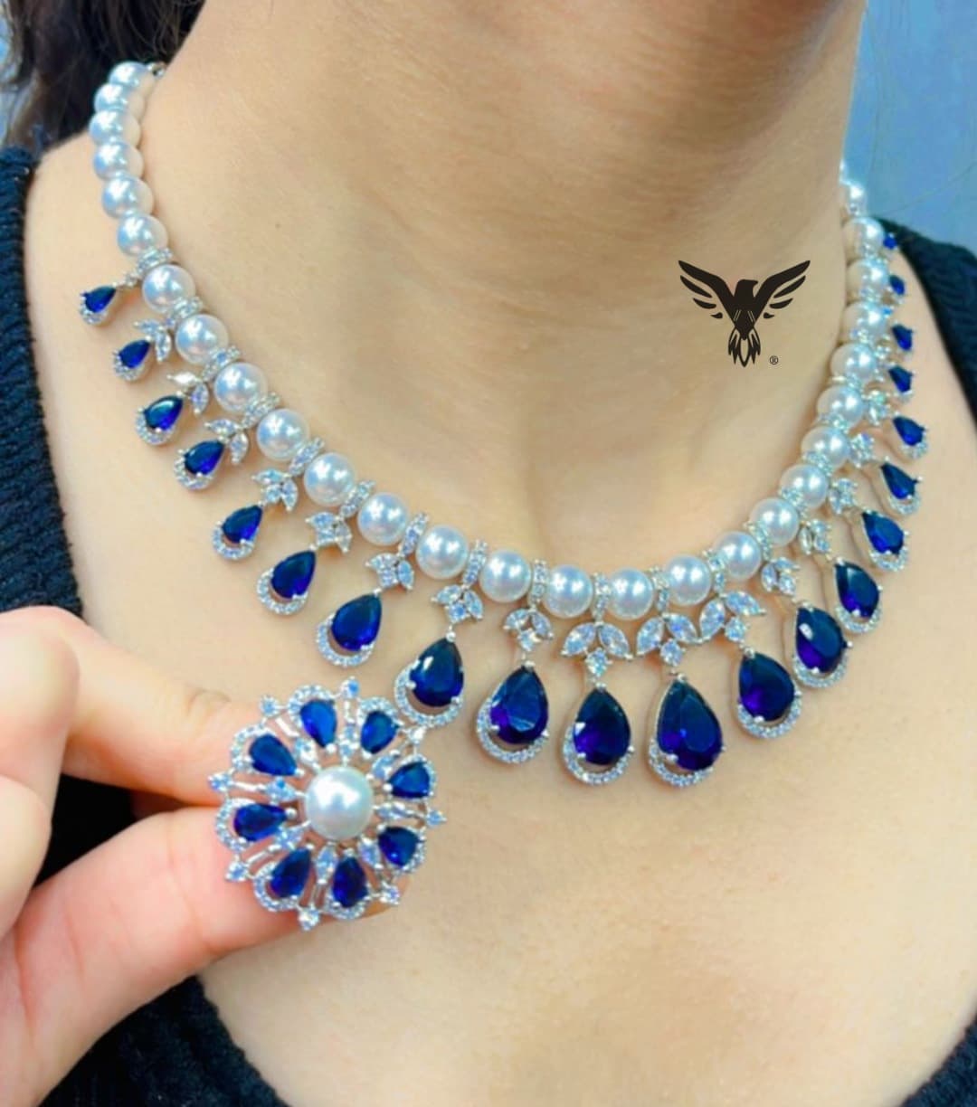 Elena american diamond with pearls necklace in Blue for women