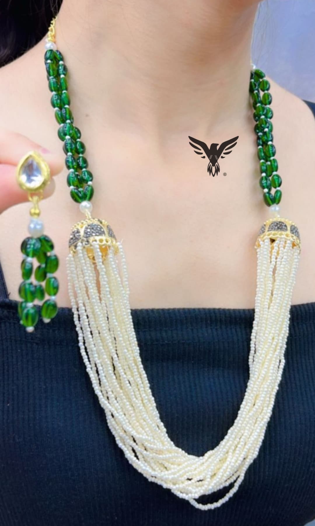 Monalisa beads with rice beads mala in Green for women