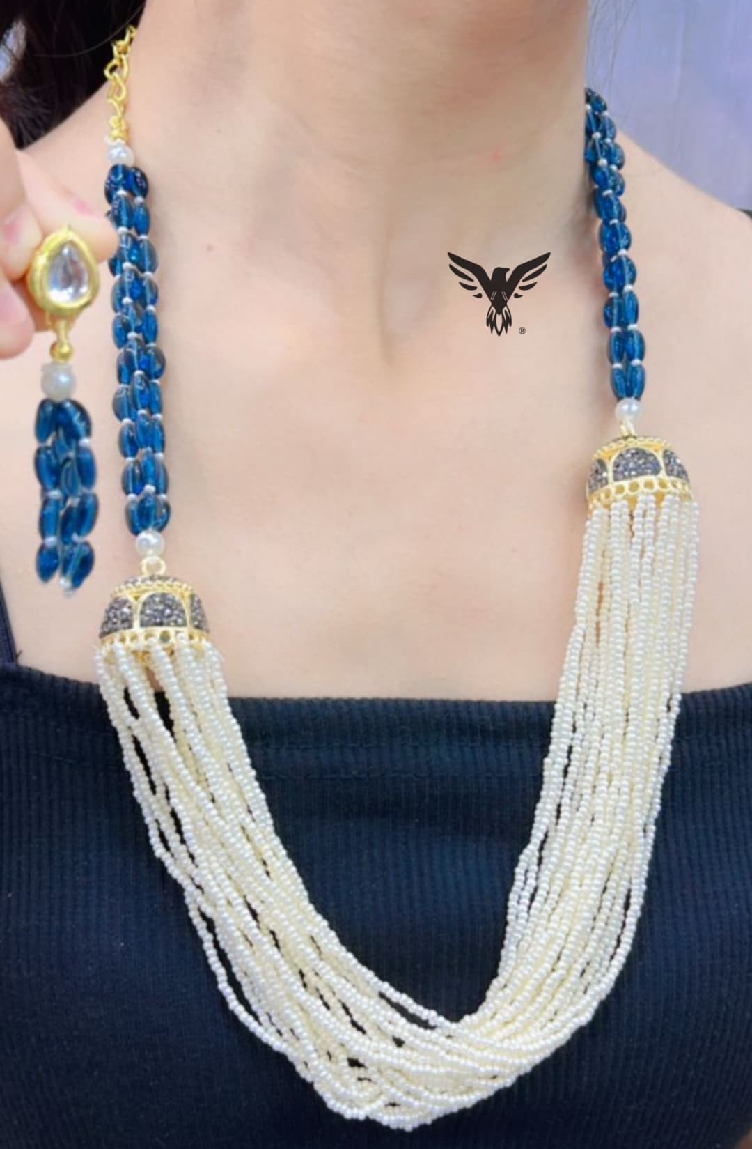 Monalisa beads with rice beads mala in Blue for women