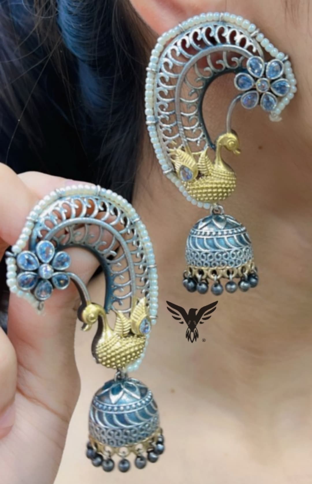 Peacock silver look alike earcuff like earrings