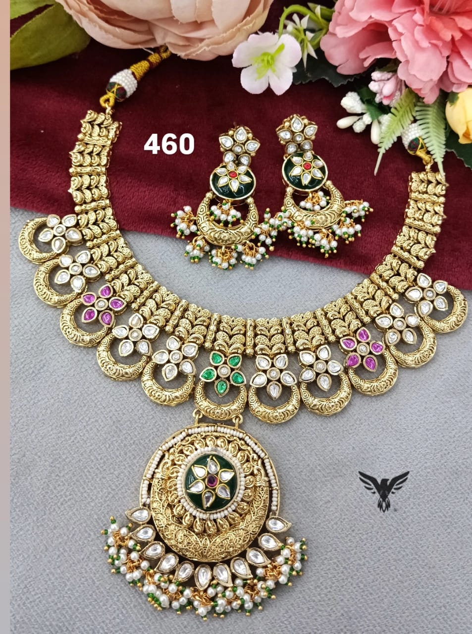 Rajwadi traditional style kundan necklace with golden earrings in multicolour for womens