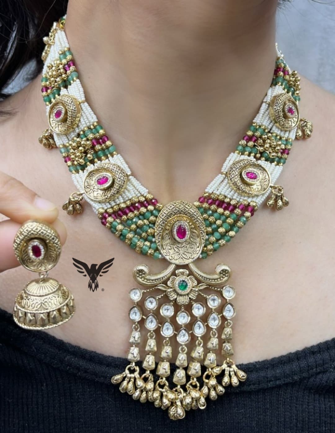 Traditional Rajwadi style kundan necklace in multicolour with golden Jhumkis for wedding, function and grand celebration for women