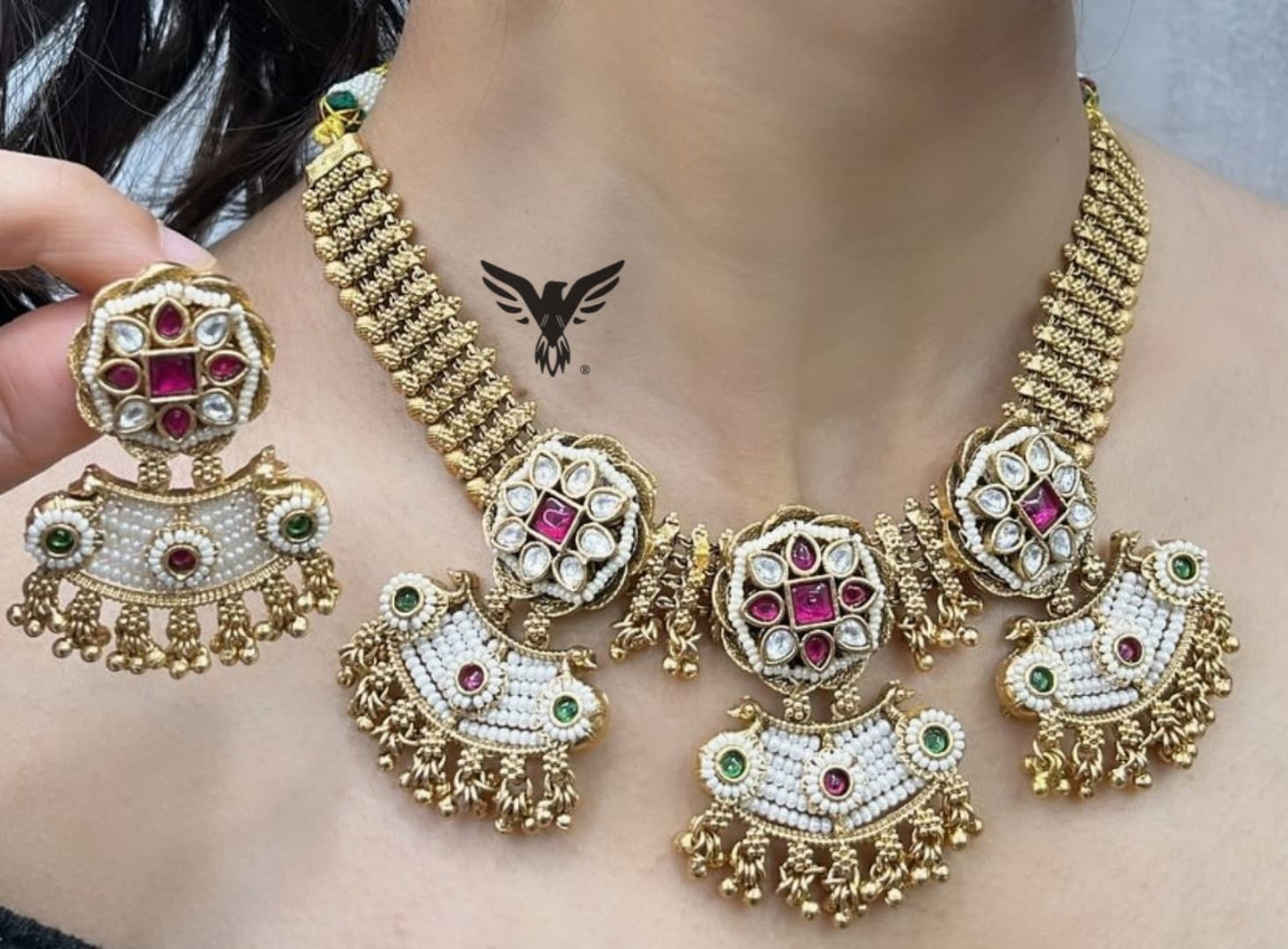 Ishaani Rajwadi style kundan necklace with golden earrings for occasion , celebrations and parties