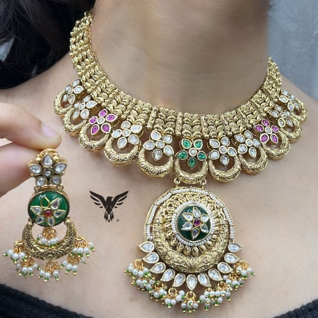 Rajwadi traditional style kundan necklace with golden earrings in multicolour for womens