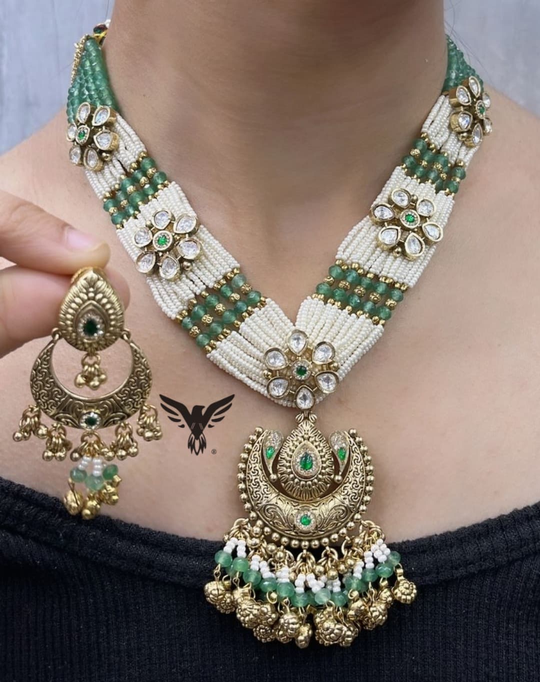 Bhumi Rajwadi style kundan necklace in Mint with golden Jhumkis for wedding, function and grand celebration for women (Copy)
