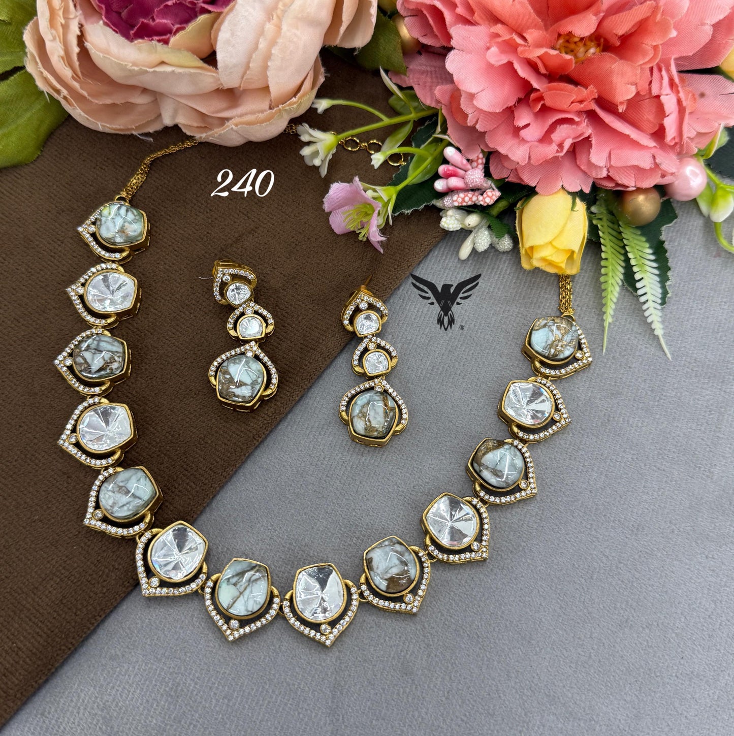 Malini mosanite with Marble doublet stone chain necklace in Grey For women