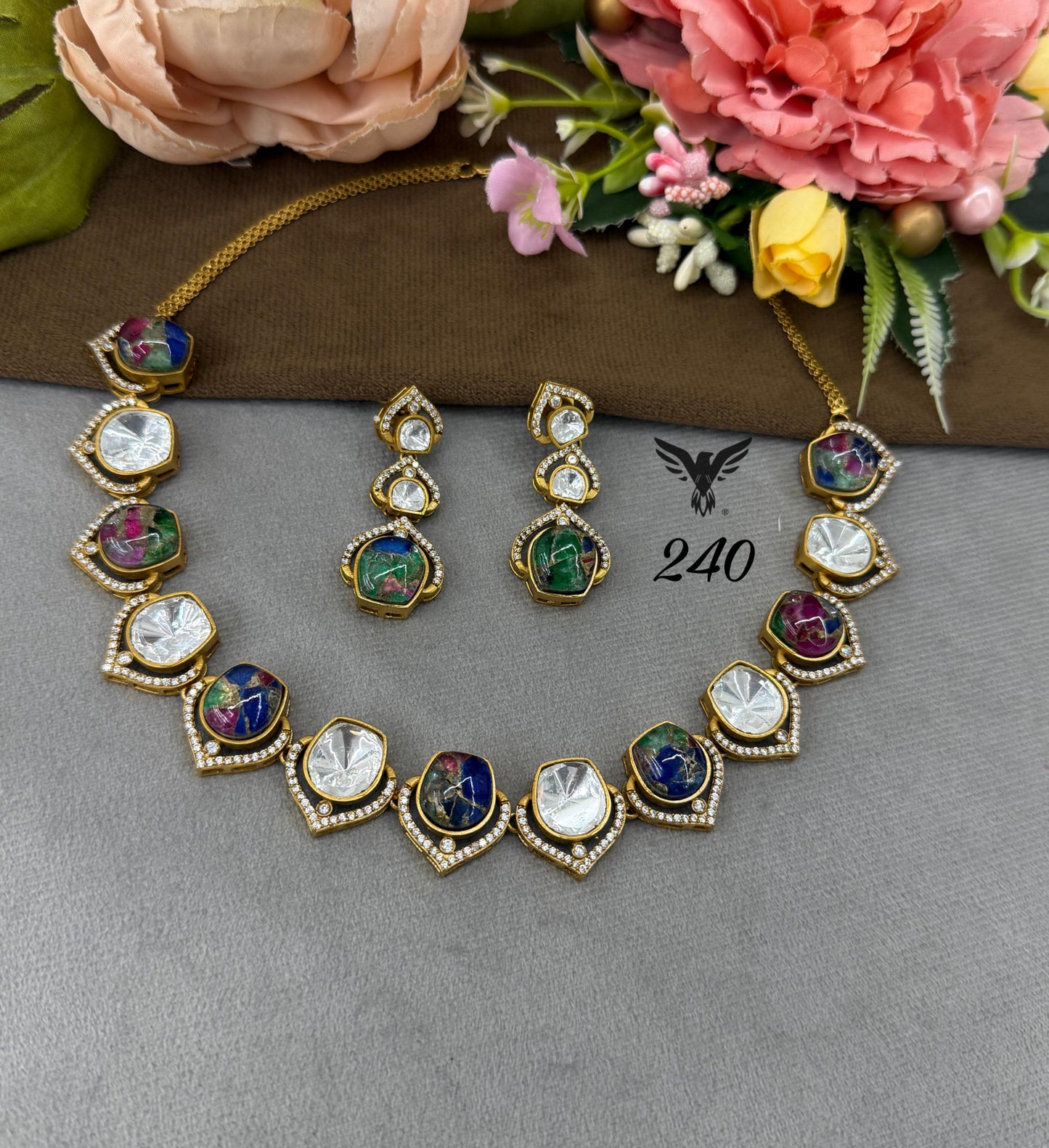 Malini mosanite with Marble doublet stone chain necklace in Multi For women