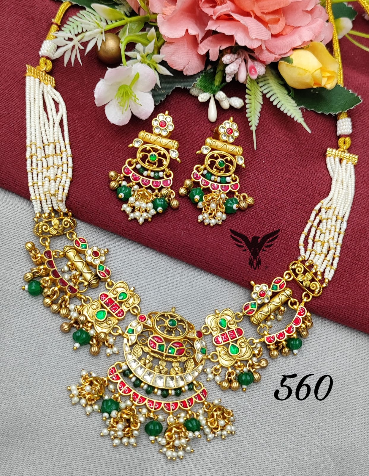 Golden tone paachi kundan with kemp stones necklace in multi for women
