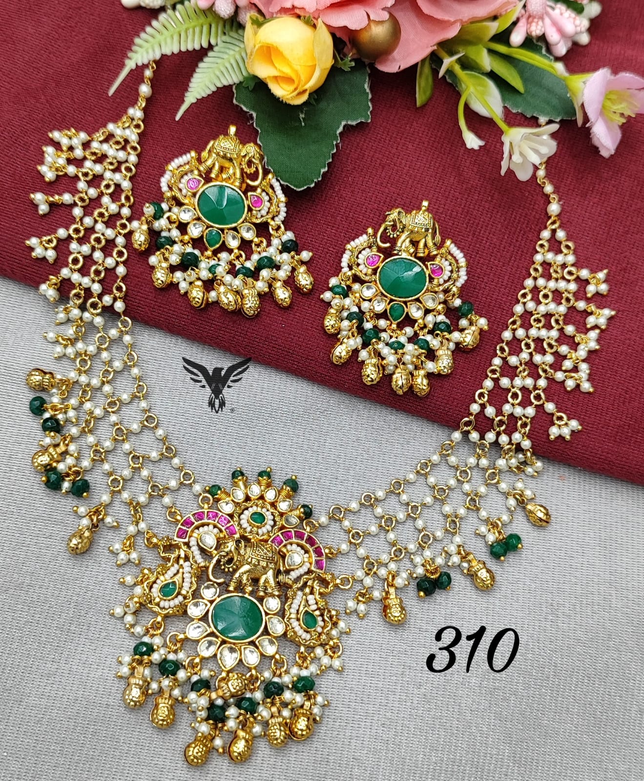 Elephant with paachi kundan with kemp stones necklace in Emerlad Green for women