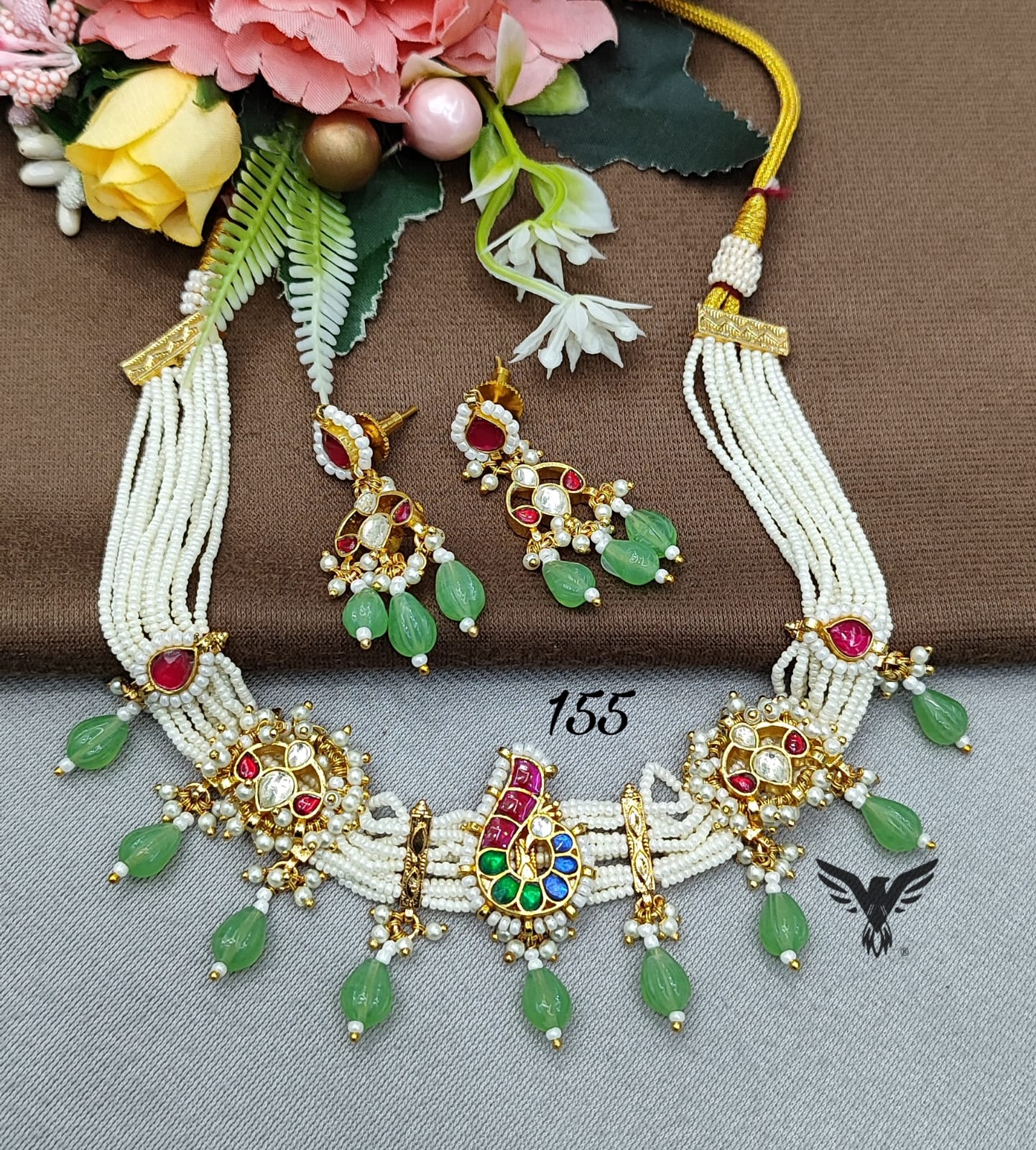 Rice pearls with paachi motives kundan necklace for women