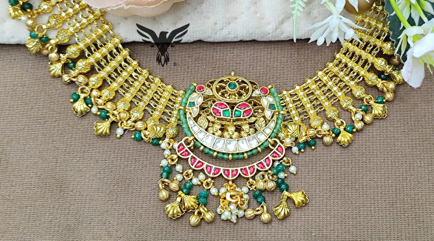 Golden tone paachi kundan necklace in multi for women