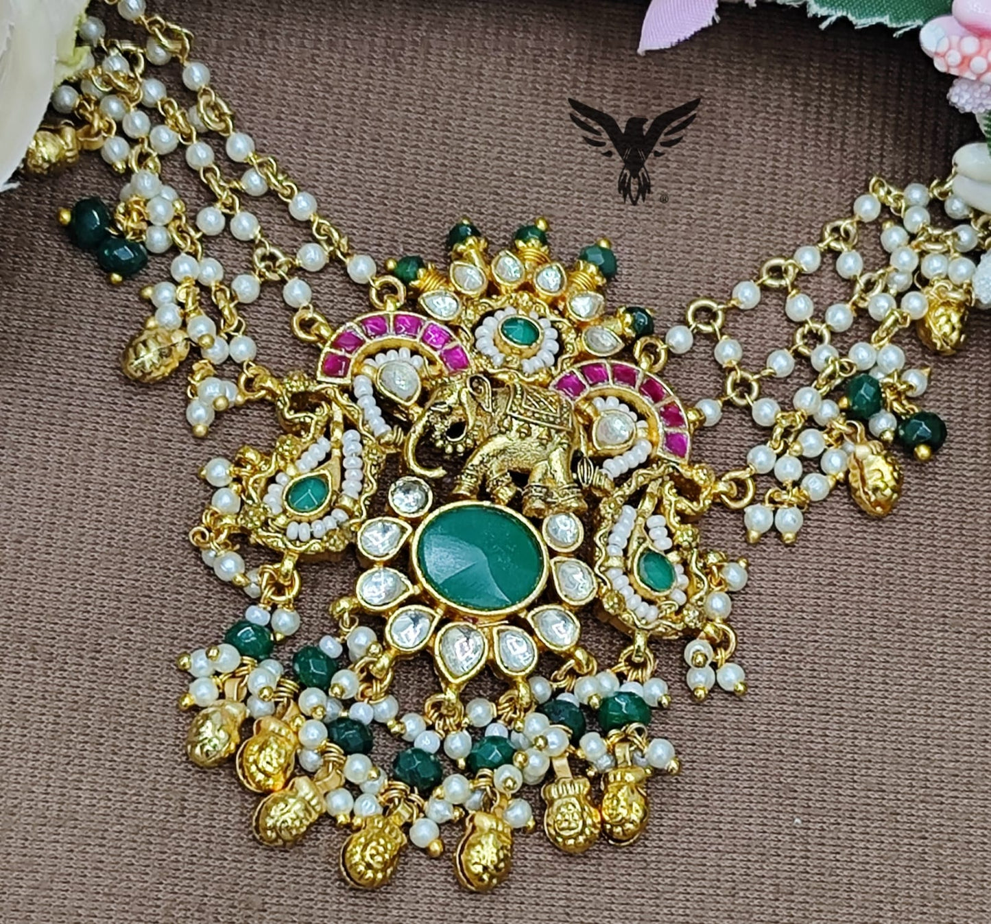 Elephant with paachi kundan with kemp stones necklace in Emerlad Green for women