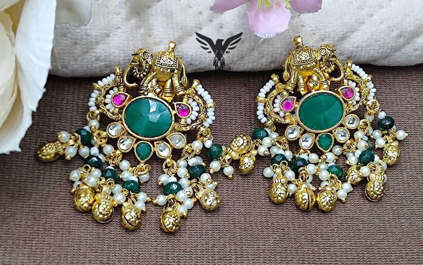 Elephant with paachi kundan with kemp stones necklace in Emerlad Green for women