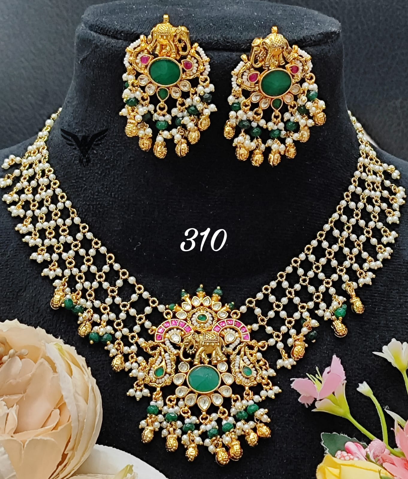 Elephant with paachi kundan with kemp stones necklace in Emerlad Green for women