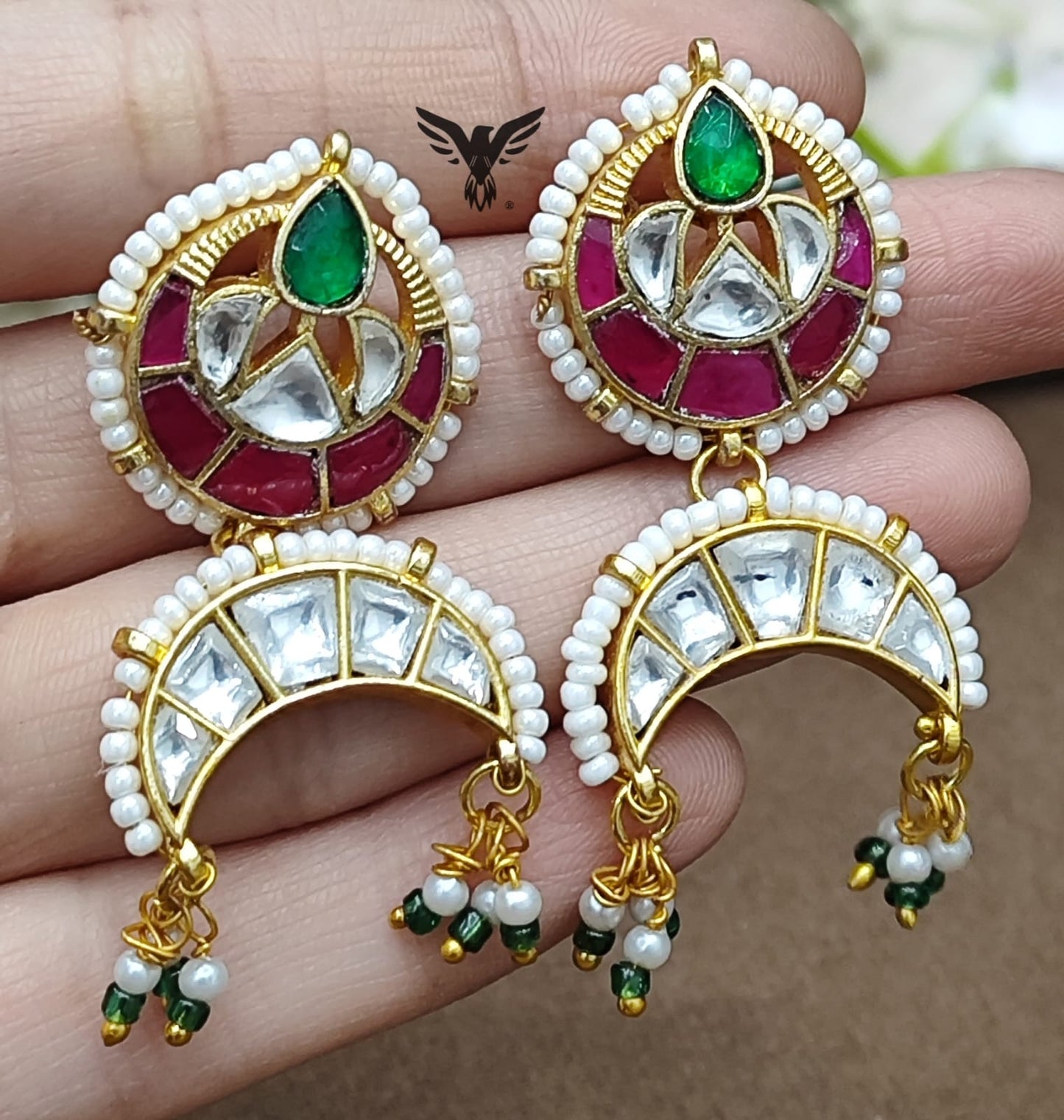 Oval shape with hanging chand in paachi kundan for women